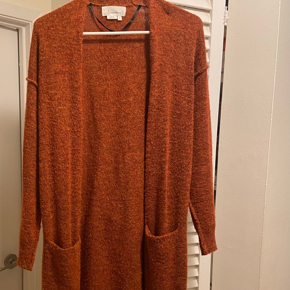 Anthropologie long cardigan. Size XS in burnt orange. Light weight cardigan.